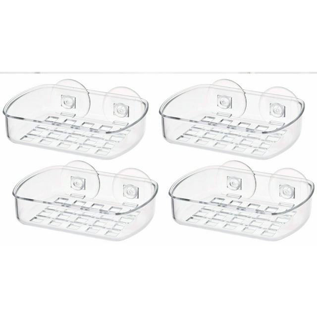 4 Clear Soap Dish Suction Cup Drain Holder Bar Saver Tray Bathroom