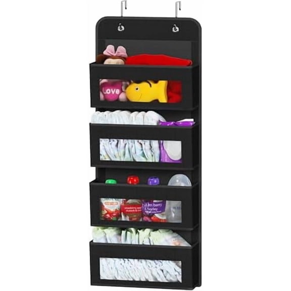 4 Clear Window Pocket Over Closet Door Storage Hanging Organizer for Bedroom, Bathroom, Pantry, Black