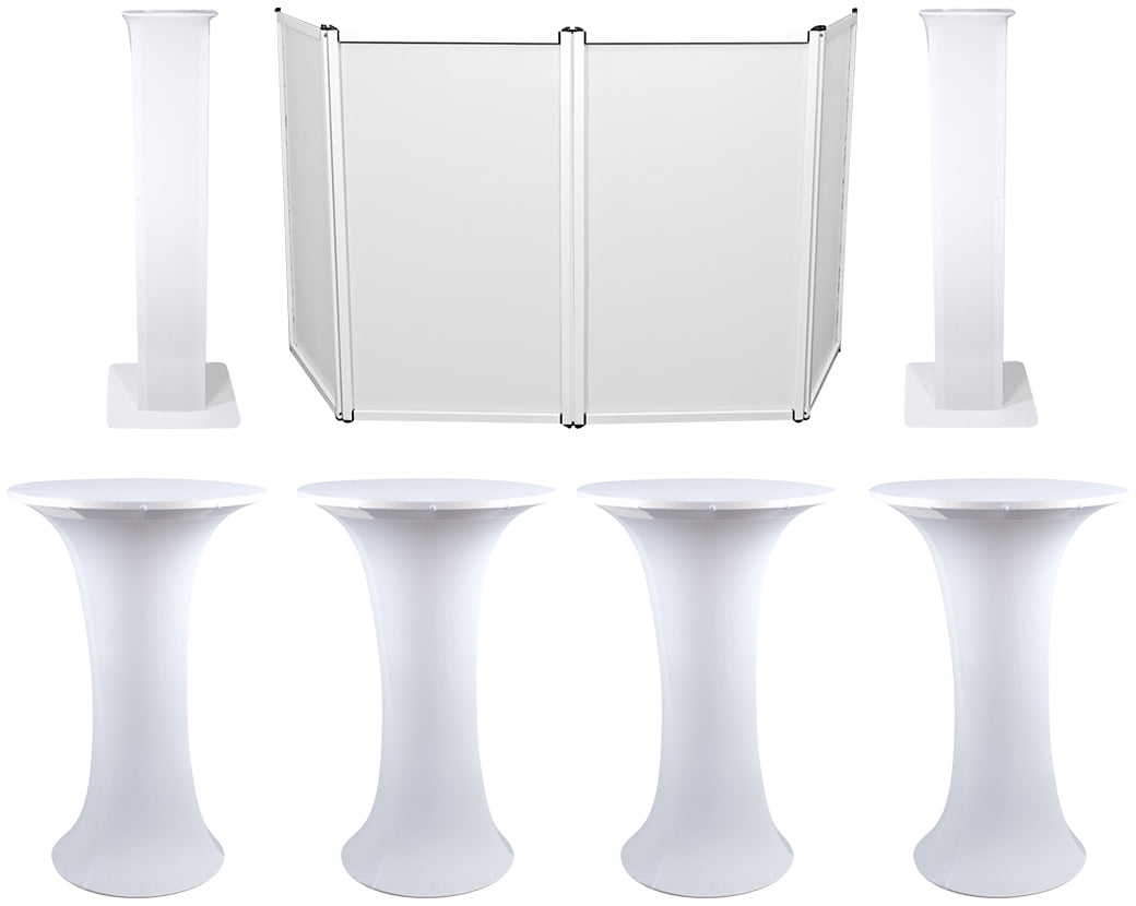 (4) Club Scene Highboy Tables w/White Scrim+Carry Bag+DJ Facade+(2) Totem Stands