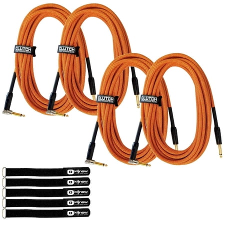 (4) Clutch 20 foot Right Angle 1/4" TS to straight 1/4" TS Instrument Cables with Cable Ties Package