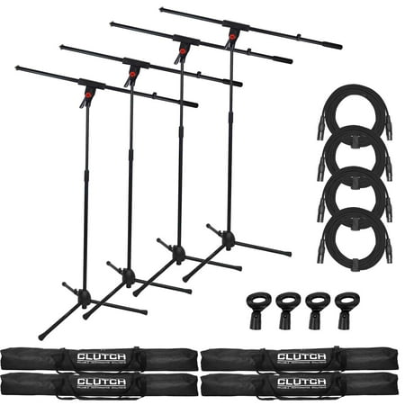 (4) Clutch CL-MB100PK Microphone Boom Stands with 20' Black XLR Microphone / Speaker Cables Package