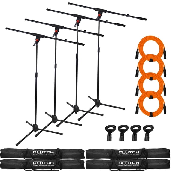 (4) Clutch CL-MB100PK Microphone Boom Stands with 20' Orange XLR Microphone / Speaker Cables Package