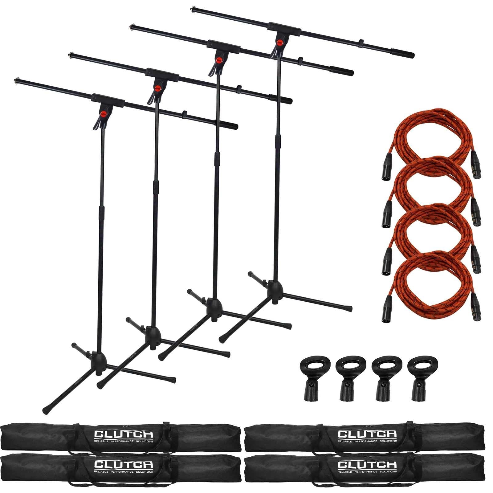 (4) Clutch CL-MB100PK Microphone Boom Stands with 20' Red Braided XLR Microphone / Speaker Cables Package