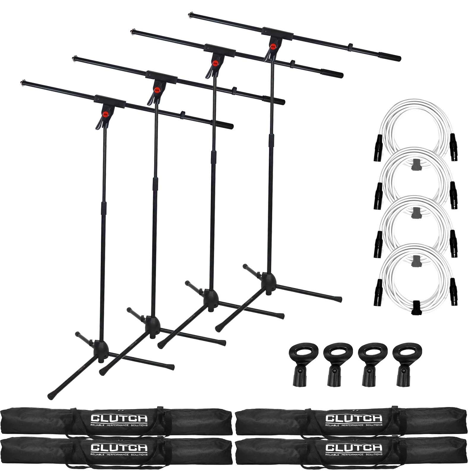 (4) Clutch CL-MB100PK Microphone Boom Stands with 20' White XLR Microphone / Speaker Cables Package