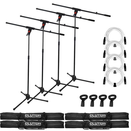 (4) Clutch CL-MB100PK Microphone Boom Stands with 20' White XLR Microphone / Speaker Cables Package