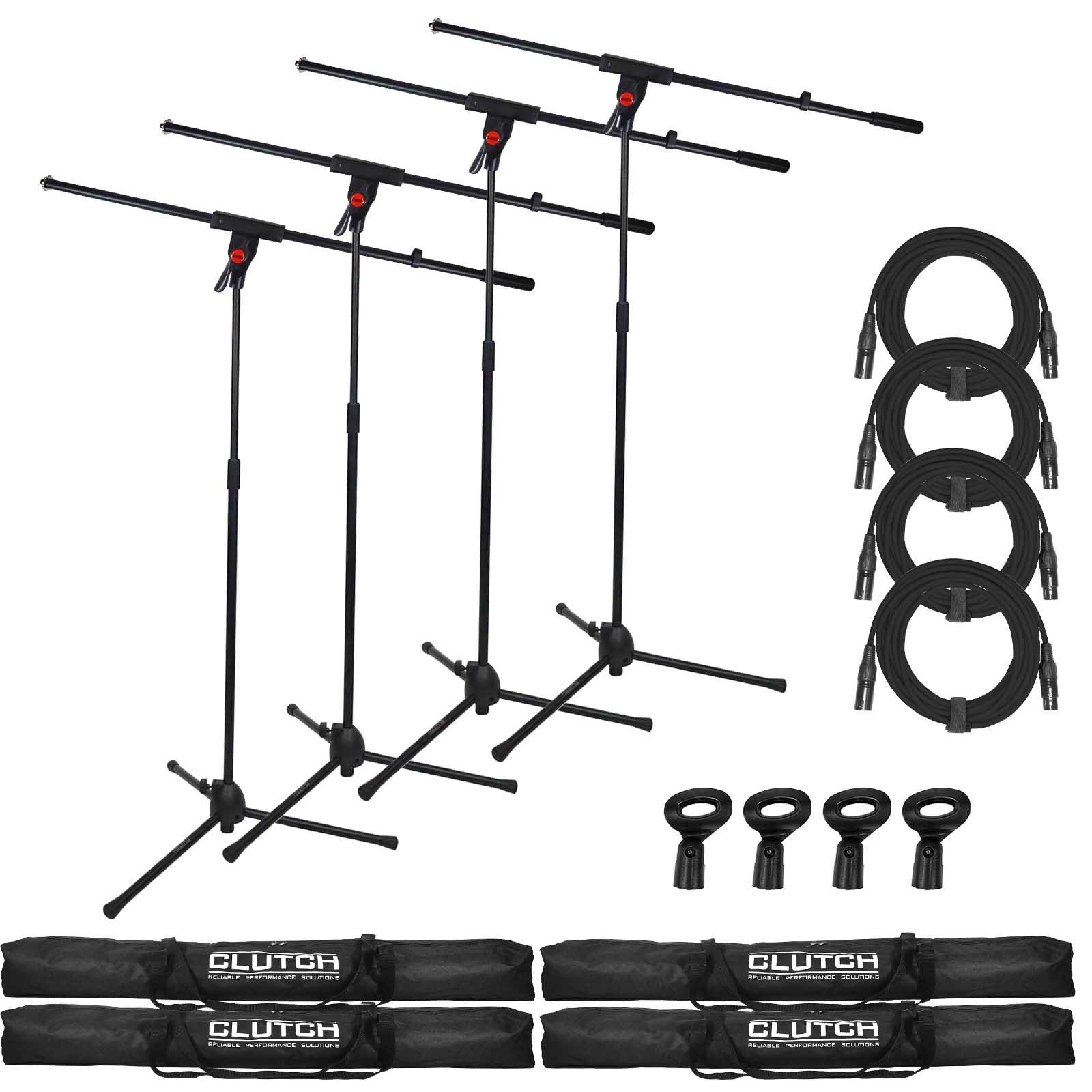 (4) Clutch CL-MB100PK Microphone Boom Stands with 20' XLR Microphone / Speaker Cables Package