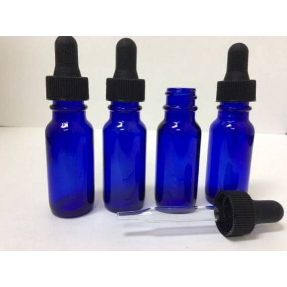 4 - Cobalt Blue 1/2Oz Glass Boston Round Bottles With Glass Droppers