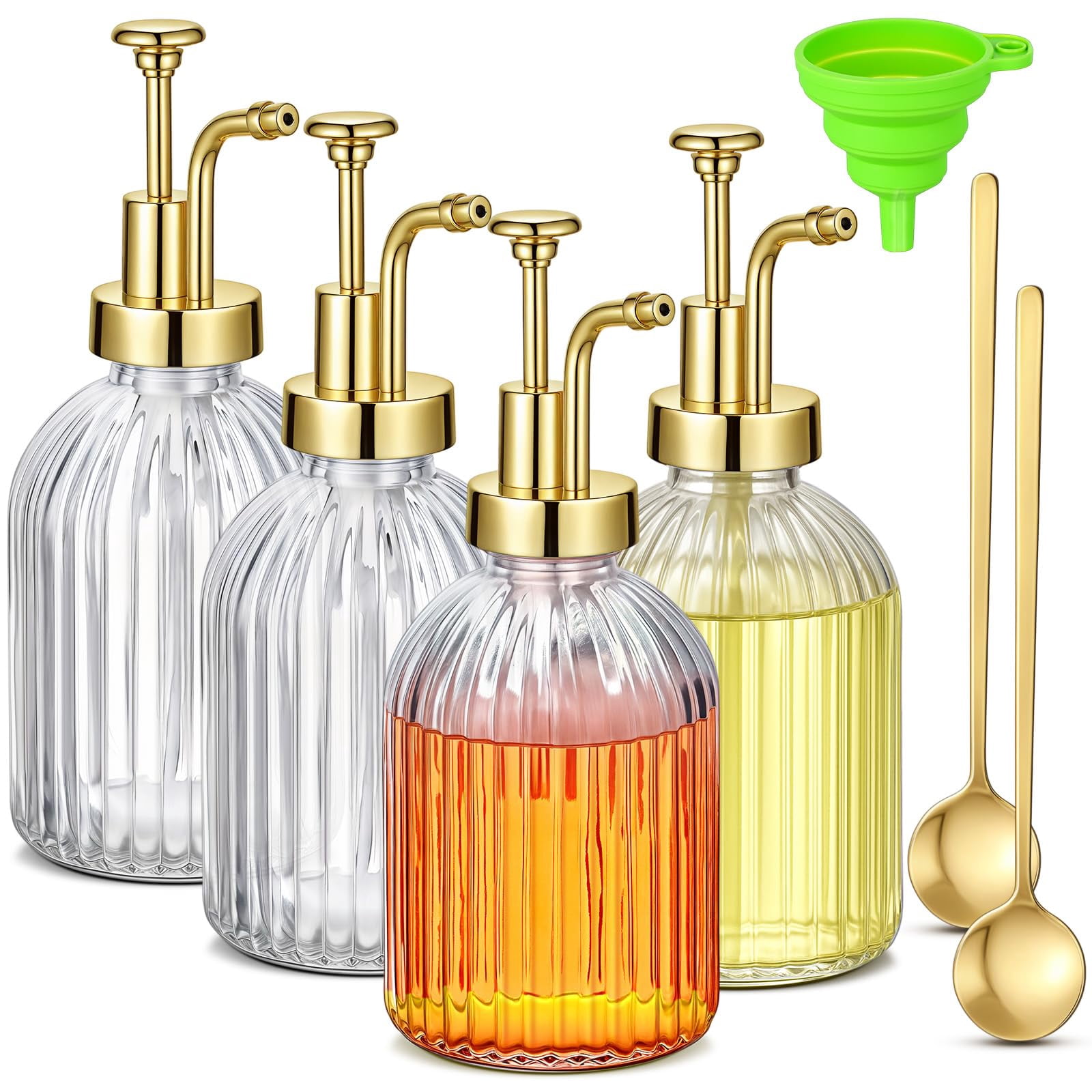 4 Coffee Syrup Dispenser For Bar 10oz Glass Pump With  Scoop And Funnel Accessories