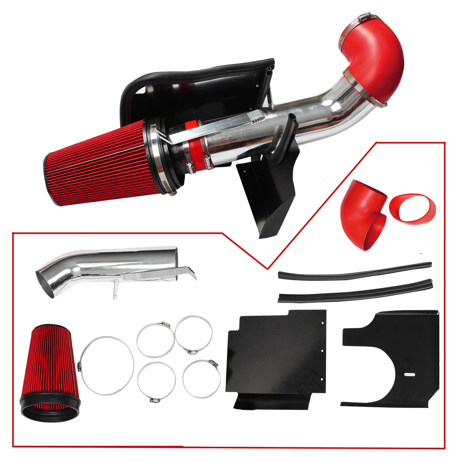 4" Cold Air Intake Kit Heat Shield for 1999-06 GMC Sierra 1500/2500/3500 RED