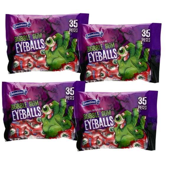 (4) Colombina Bubble Gum Eyeballs Tutti Frutti Flavor Decorative Spooky Candy for Kids Snacks Halloween Trick or Treats Candy Bowl Dessert Goody Bag Filler Party Favor 35ct & CUSTOM Storage Carrier