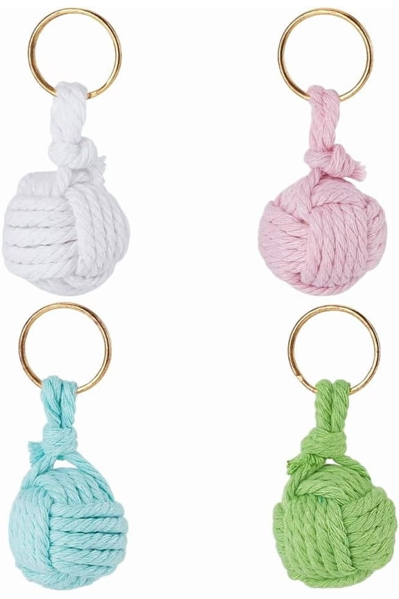4 Color Nautical Rope Keychain Cotton Ball Wooden Beads Wound with Cotton Thread Handmade Weaving Keychain with Golden Iron Keyring Pendant for Car Keys Bag Wallet Purse Charms Accessory Multi-color