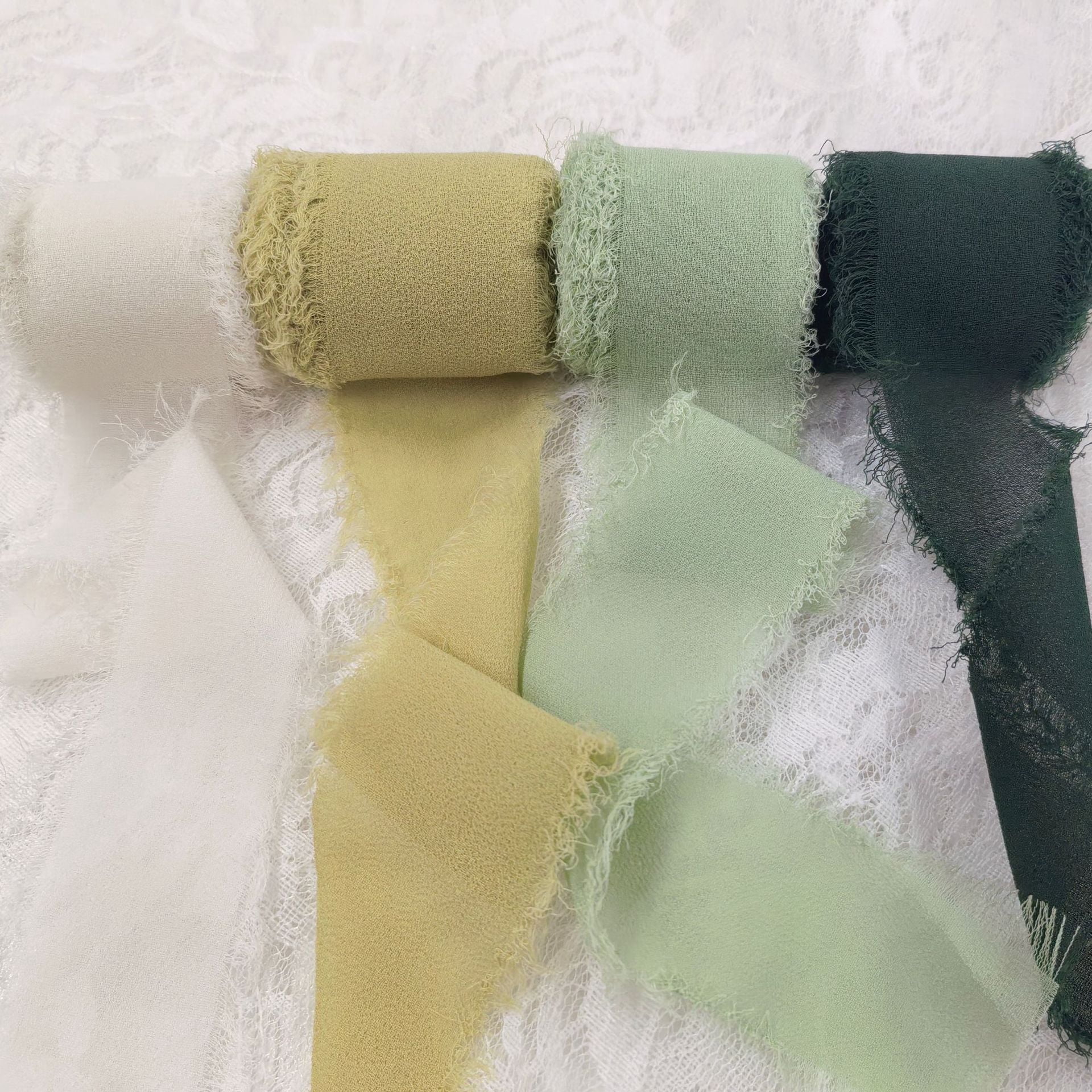 Tivamiko Torn Edge Ribbon, Chiffon & Satin Floral Wrap, Green Series, 4 Color Set, 1.5 Inch x 16 Feet Each