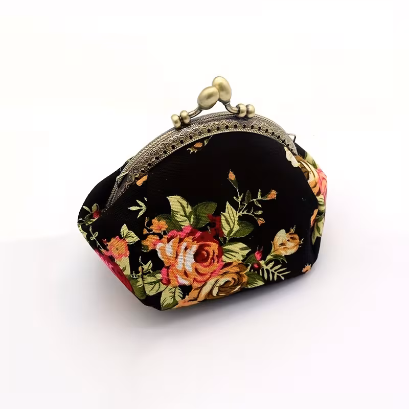 Coin Purse, Floral Fabric Clasp Coin Purse with Vintage Metal Clasp, Black, 1 PC