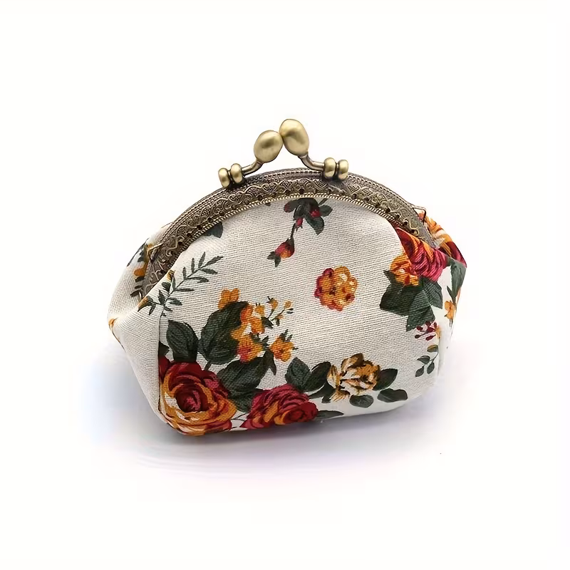Durable Retro 1 Compartment Coin Pouch, Floral, White, 1PC