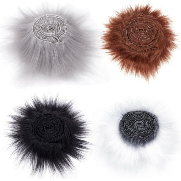 4 Colors 2" x 60" Faux Fox Fur Fabric Shaggy Fur Patches Fluffy Rug 3mm Thick Synthetic Plush Trim Ribbon Fuzzy Scrap Brown Black Light Gray Cream Gray Christmas