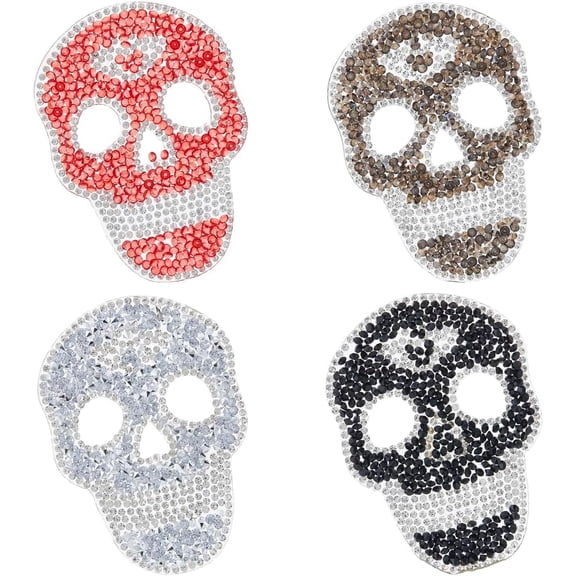 4 Colors 4 Pcs Skull Rhinestone Patches Appliques Clothing Repair Decoration Patch for DIY Accessory Scrapbooking Handbags Jackets Clothes Shoes Decoration DIY Sewing Colorful