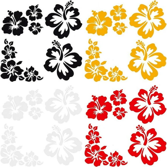 4 Colors 4 Sheets Hibiscus Flower Car Sticker Hawaiian Decals Reflective Stickers Flower Bumper Stickers Waterproof Vinyl Automotive Exterior Decor for Women SUV Truck Motorcycle Laptop