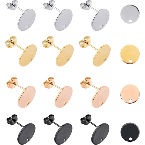 4 Colors 40pcs 12mm Flat Round Earring Posts Stainless Steel Earring 0.8mm Pin Vacuum Plating Earring Components with Ear Nuts for Earring Findings Making for DIY