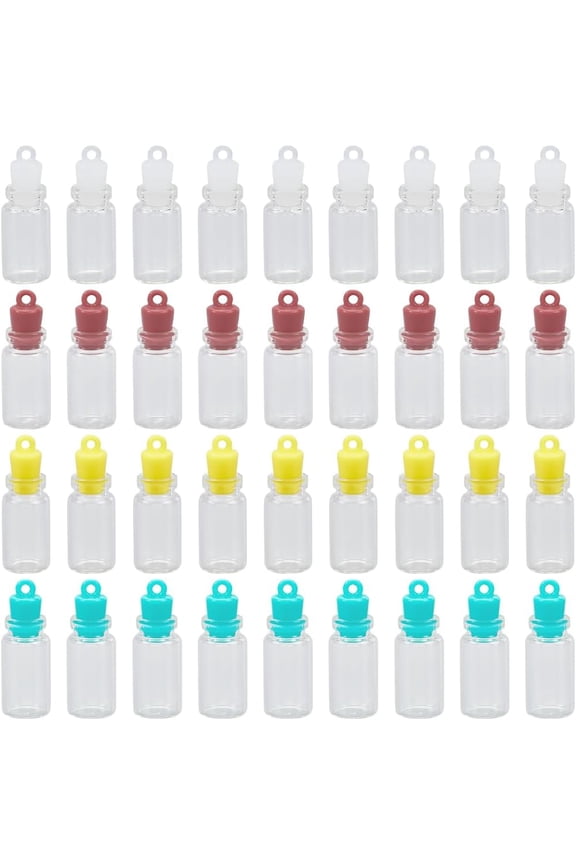 4 Colors 48pcs Mini Glass Bottle Charms Tiny Glass Bottle Charms Small Clear Wish Jars Vials Charm Bulk with Plastic Seal Plug