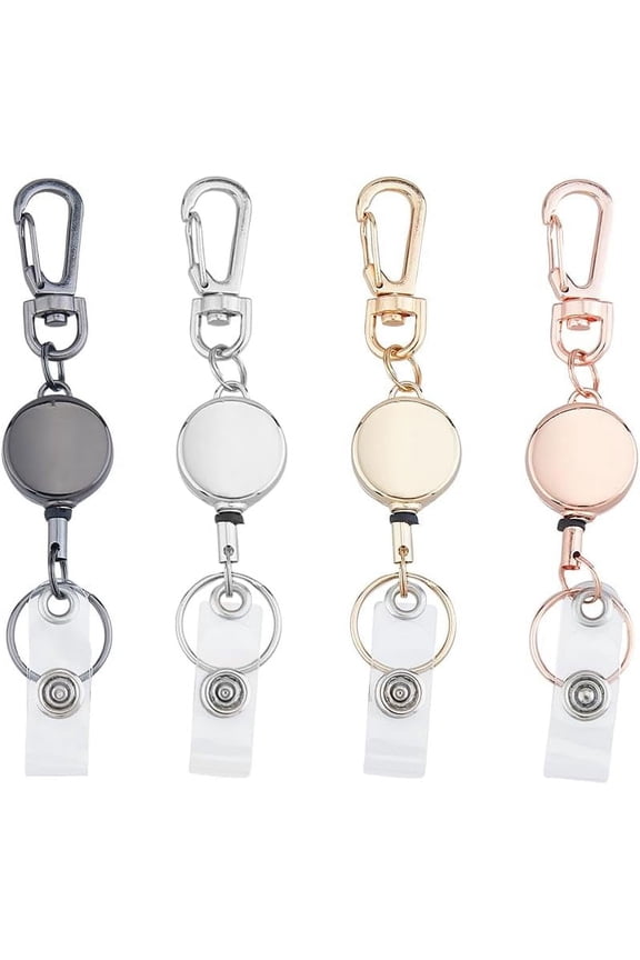 4 Colors 4Pcs Retractable Keychain Metal Dual Head Keychains with Business Card Holder Keychain Round Alloy Keychain Adjustable Dual Opening Keychain Office Supplies