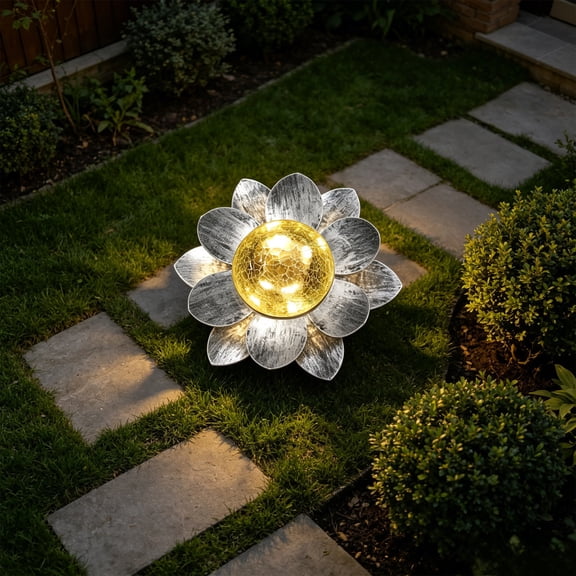 4 Colors Crackle Glass Solar Lotus Flower Yard Light, Rustproof Metal Frame, Auto Solar Powered Waterproof Structure, Ground Plug Lamp for Patio Lawn Pathway & Courtyard Night Ambient Decor