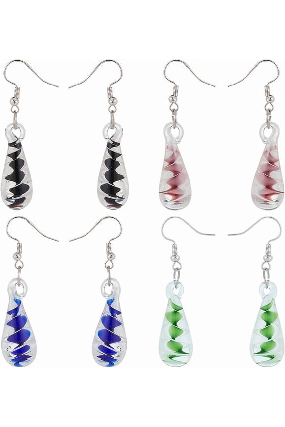 4 Colors Glass Water Drop Earings Teardrop with Spiral Pattern Dangle Earrings Handmade Glass Bead Geometric Dangle Earrings Festival Jewelry for Woman for DIY