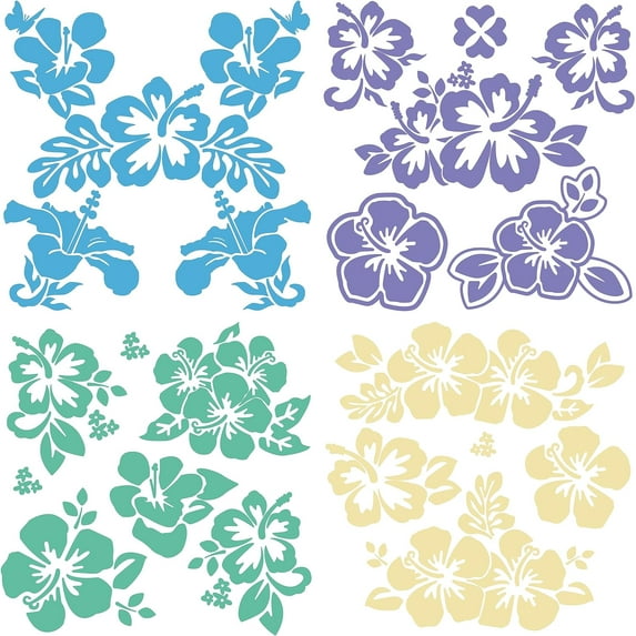 4 Colors Hawaiian Hibiscus Flower Car Decal Laser Car Sticker Sun Protection Reflective Self Adhesive Car Accessories Automotive Exterior Decoration for SUV Vans Laptop