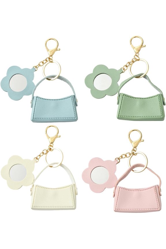 4 Colors Mirror Bag Keychain Mini Handbag Key Chain Bulk Pu White Pink Portable Flower Mirrors Coin Wallet Key Rings for Women Party Wedding Favors Purse Diy Supply Colorful DIY