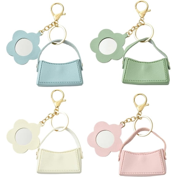 4 Colors Mirror Bag Keychain Mini Handbag Key Chain Bulk Pu White Pink Portable Flower Mirrors Pocket Makeup Bags Holder Coin Wallet Key Rings
