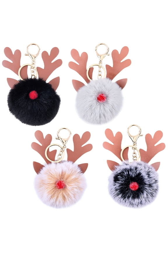 4 Colors PU Leather Christmas Antler Keychain with Fluffy Plush Ball Reindeer Keyrings Xmas Deer Key Pendant Keyfob Key Ring Bag Charm