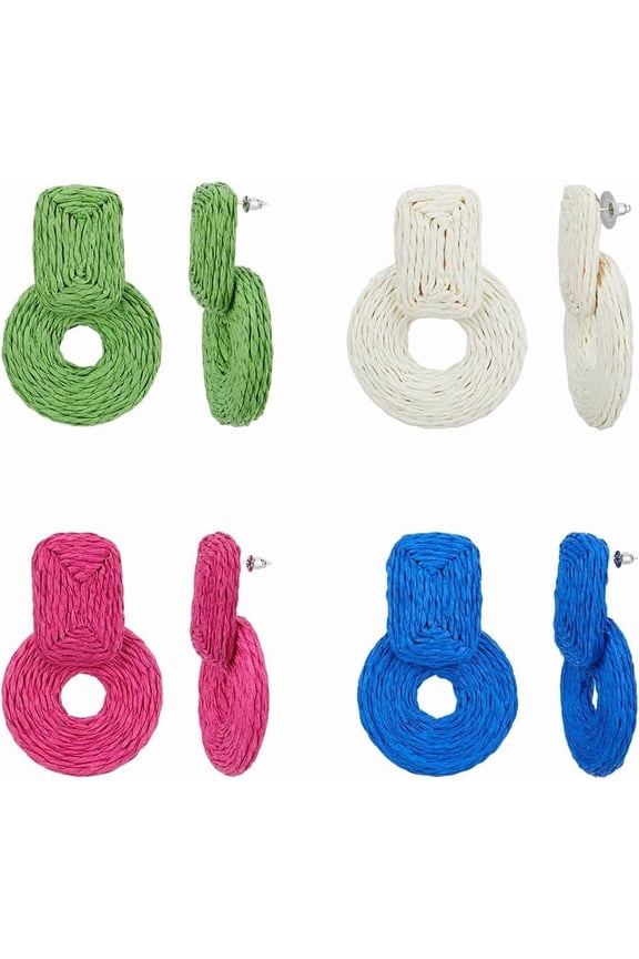4 Colors Raffia Earrings Cute Boho Earrings 4 Pairs Handmade Rattan Round Earring Statement Straw Stud Earring Woven Drop Dangle Earrings Circular Earrings