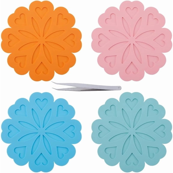 4 Colors Silicone Doming Mat Flower-Shaped Trivet Mat Hot Plate Holder Heat Resistant Rubber Pads Kitchen Tool with Tweezer for DIY Jewelry Making Epoxy Resin Crafts Supplies