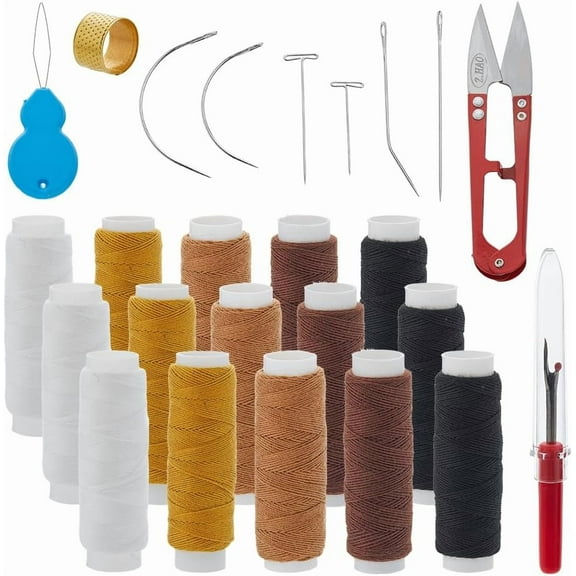 4 Colors Small Needle and Thread 15 Rolls Seing Waxed Thread with Hand Sewing Needles for Hair Wig Making Tools Stainless Steel Hair Extensions Crafts DIY Mixed Color