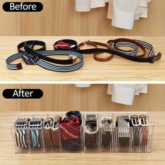 4 Compartment Belt Organizer Box, Clear Tie Storage Container for Drawer, Plastic Scarf & Jewelry Divider Tray for Closet Organization, PP Material