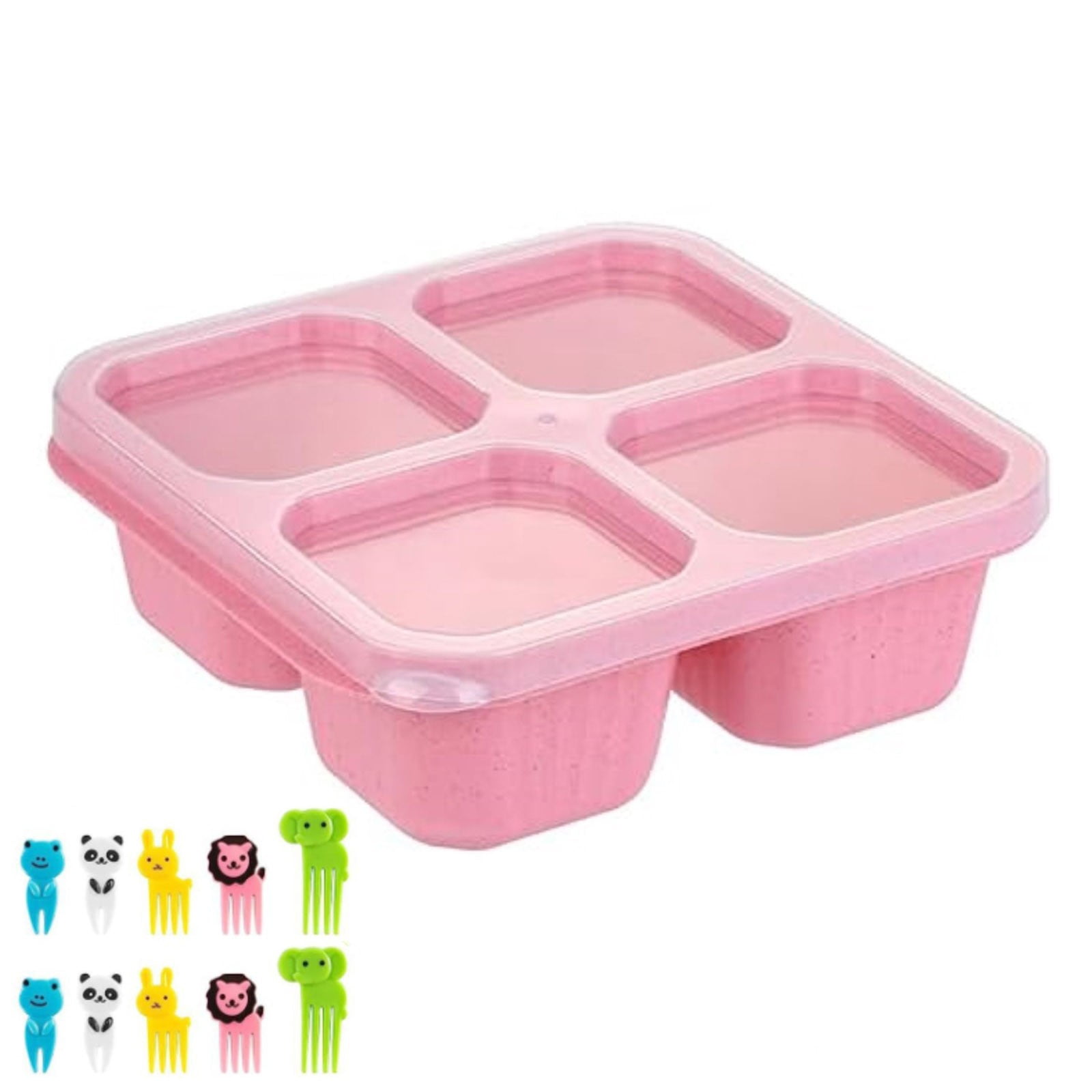 4 Compartment Bento Lunch Box Set Snack Container Fruit Stick Kids
