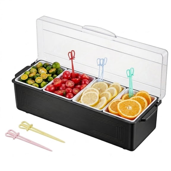 4-Compartment Chilled Condiment Server, Ice Cooled Serving Container with Lid, Bar Garnish Tray for Taco & Salad