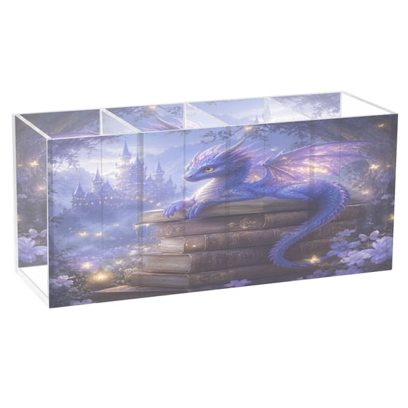 4 Compartment Clear Acrylic Desk Organizer Fantasy Dragon Castle Design Pen Holder for Office Home Makeup