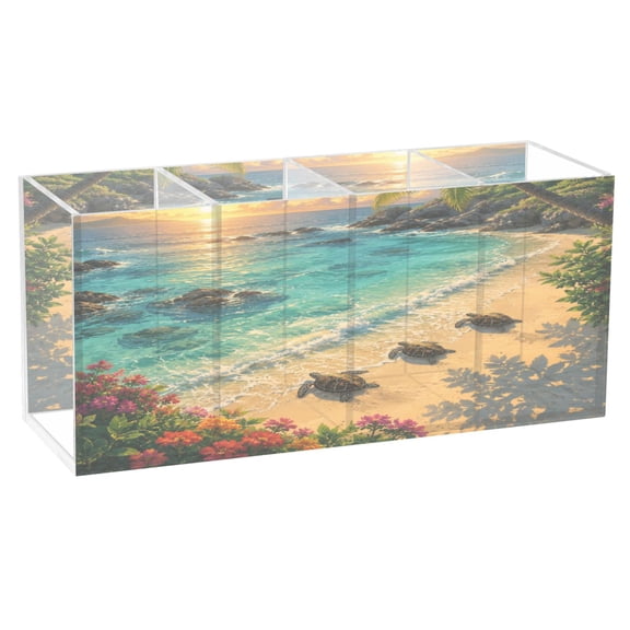 4 Compartment Clear Acrylic Desk Organizer Tropical Shore Sunset Turtles Pen Holder for Office Home Makeup