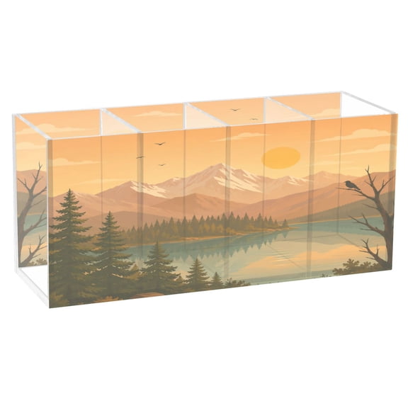 4 Compartment Clear Acrylic Desk Organizer Warm Mountain Sunset Pen Holder for Office Home Makeup