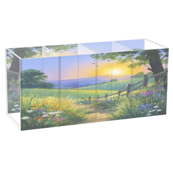 4 Compartment Clear Acrylic Desk Organizer Watercolor Sunset Country Path Pen Holder for Office Home Makeup