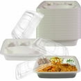 thumbnail image 1 of 4 Compartment Compostable Food Storage Takeout Container with Clear Lids - Biodegradable, Sugarcane, Plant Fiber, Heavy Duty, Microwavable, Tree Free, Ecofriendly, Lunch Trays, Meal Prep, Bento (300), 1 of 7