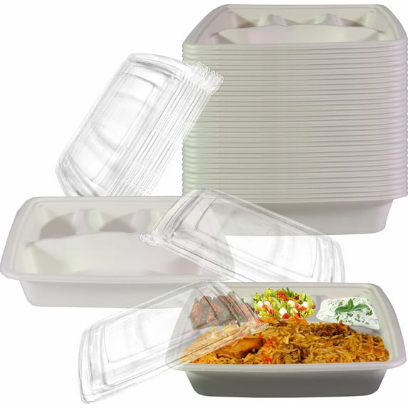 4 Compartment Compostable Food Storage Takeout Container with Clear Lids - Biodegradable, Sugarcane, Plant Fiber, Heavy Duty, Microwavable, Tree Free, Ecofriendly, Lunch Trays, Meal Prep, Bento (300)