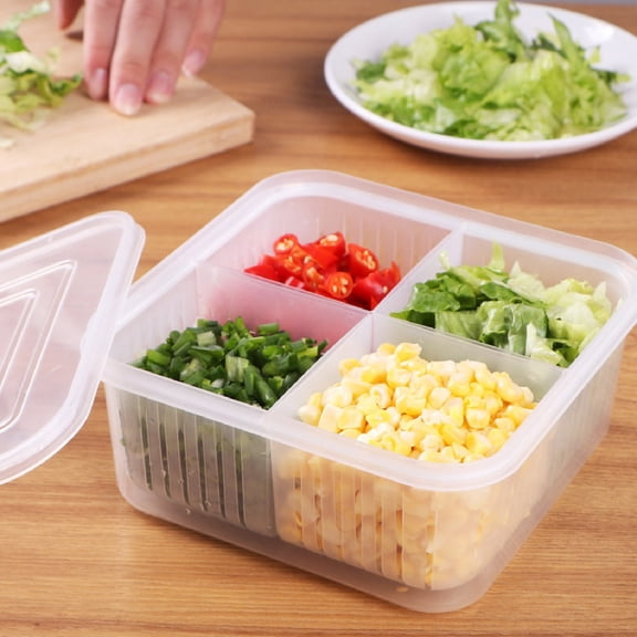 4 Compartment Divided Vegetable Storage Container With Sealed Lid, Stackable Clear Fridge Veggie Organizer Tray, Multi-Grid Fruit Snack Relish Storage Bin