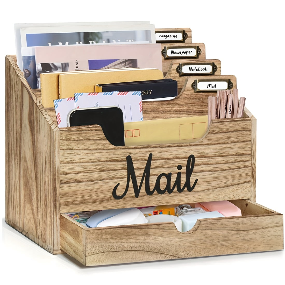 4-Compartment Flowering Pine Wood Desktop Organizer with Drawer ...