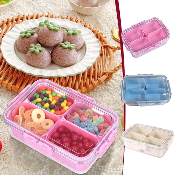 4-Compartment Food Storage Box - Multi-Grid Container for Spices (Aniseed/Pepper), Portable Fruit Lunch Box for Outdoor Camping, Airtight Fresh-Keeping Bins for Home Kitchen & Picnics, 9*7*3in, White