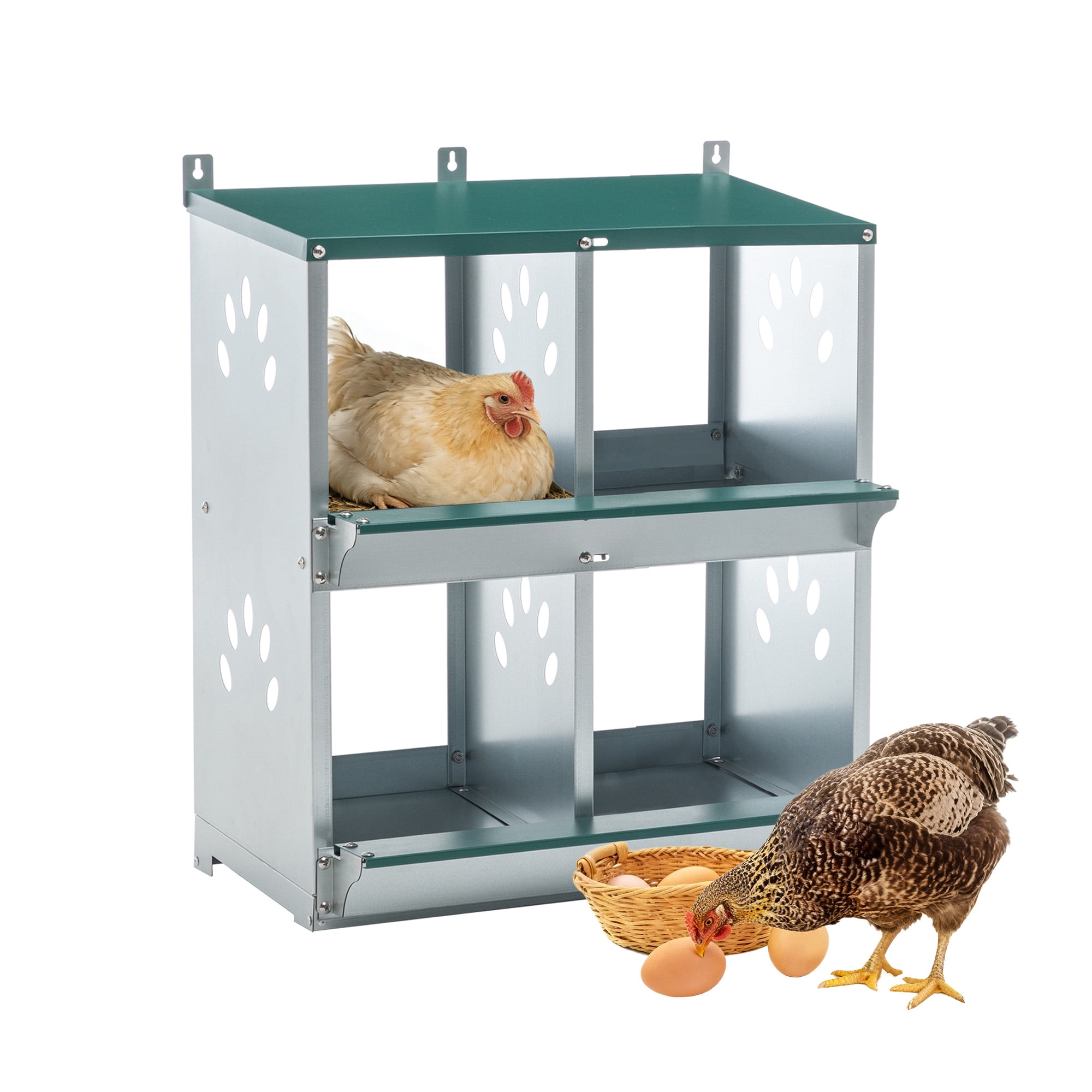 4 Compartment Galvanized Steel Chicken Nesting Boxes, Wall Mount Chicken Egg Laying Box with Sloped Roof & Vents, Green Poultry Nest Box for All Breeds