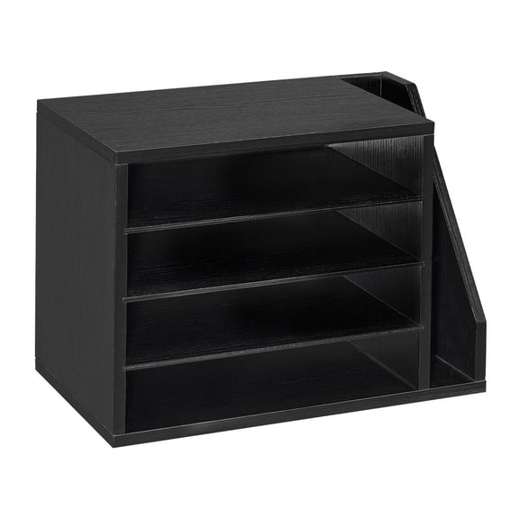 4-Compartment Literature Organizer with Side Vertical Storage Wooden Mailbox Sorter with Detachable Shelves MDF Countertop File Document Paper Organizer for Office Home Classroom Black
