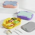 thumbnail image 1 of 4 Compartment Lunch Box Bento Food Storage Container | Spoon Fork Sauce Holders | Microwave Safe Plastic | Leakproof | Portion Control | Purple Yellow Pink | 23.5x17.5x6.5cm | Reusable | Portable, 1 of 6