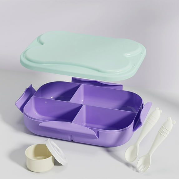 4 Compartment Lunch Box Bento Food Storage Container | Spoon Fork Sauce Holders | Microwave Safe Plastic | Leakproof | Portion Control | Purple Yellow Pink | 23.5x17.5x6.5cm | Reusable | Portable
