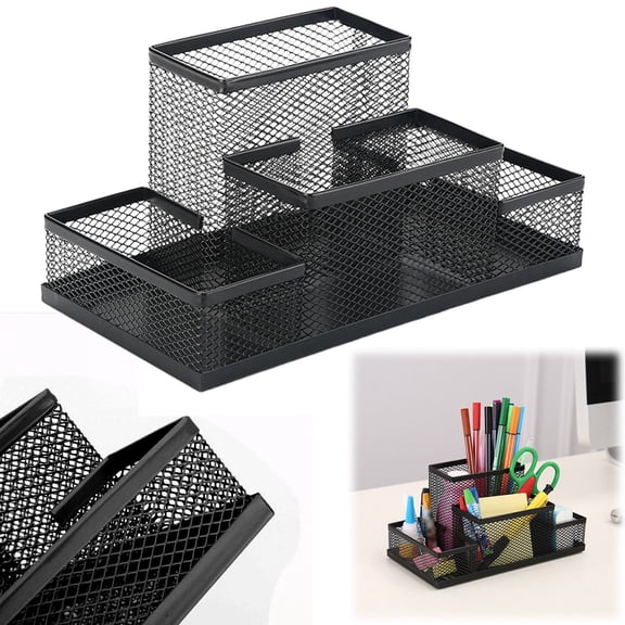 4-Compartment Mesh Desk Organizer, Metal Pen Holder for Office & Study, Desktop Caddy for Pencils, Scissors & Supplies, Black, 7.96*4.06*3.78 inch, By Preplabs
